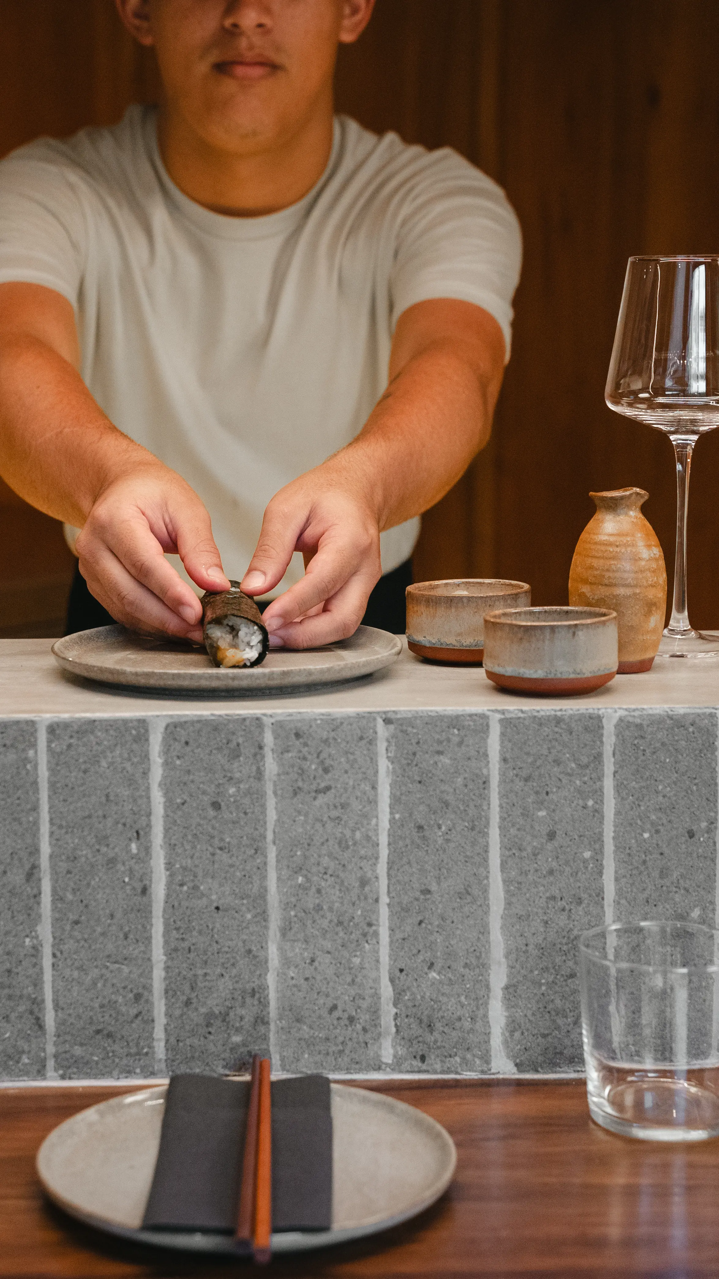 Fresh hand rolls being served directly across the counter at Yasumi in Santa Teresa
